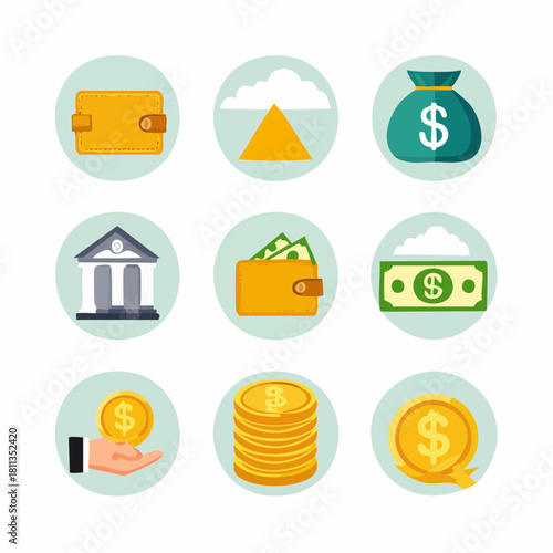 Flat lay of various financial icons including wallet, money bag, bank, and coins on a clean white background with a focus on financial concepts.