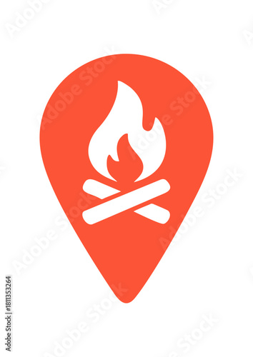 Campfire location icon in red with flame and logs design  