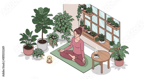 Find inner peace with this serene yoga scene featuring lush indoor plants and a calming cup of coffee for mindful meditation moments at home