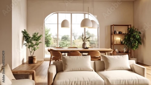 Wallpaper Mural A bright, neutral-toned living space features comfortable seating, natural light, and a dining area Torontodigital.ca