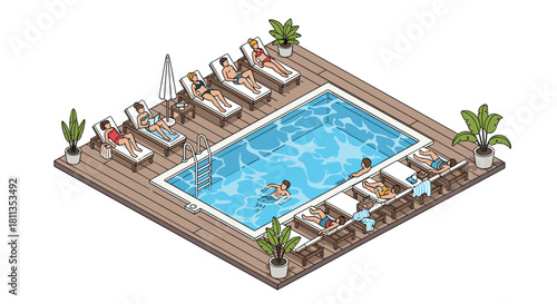 Relaxing isometric pool scene with sunbathers enjoying summertime vibes and clear blue water, perfect for vacation promotions and leisure concepts