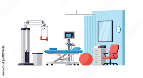 Modern physical therapy room with professional equipment ready for patient care and rehabilitation, perfect for healthcare marketing materials