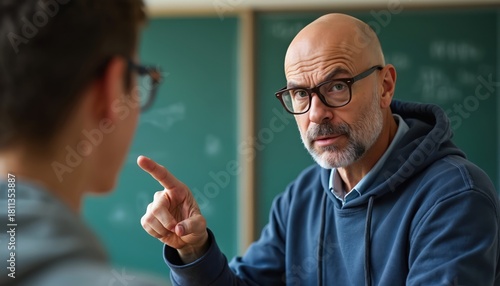 Bald male teacher with glasses points finger sternly at student in classroom. Educator gives instruction, correction, shows discipline. Serious conversation in school learning environment.