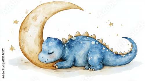 Fototapeta Naklejka Na Ścianę i Meble -  blue dinosaur sleeping on a crescent moon, watercolor, white background