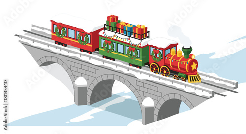 Festive Christmas train carrying gifts across a snowy bridge, spreading holiday cheer and joy for a heartwarming winter season celebration