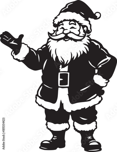 Smiling Santa Claus Vector Illustration: Classic Black and White Christmas Holiday Character Graphic