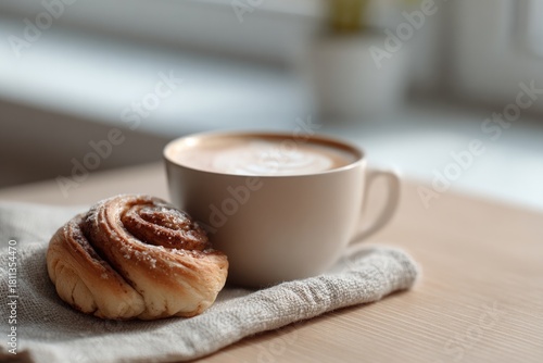 Warm cup of coffee paired with flaky pastry on cozy linen cloth