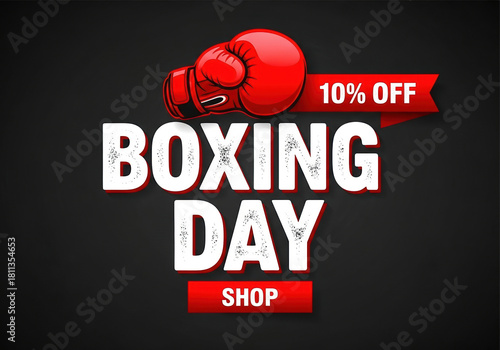 Boxing day promotion banner with red boxing glove and ribbon offering 10 percent off on dark background competition