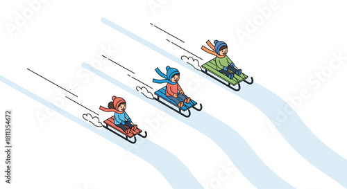 Kids sledding down snowy hill on winter day, bundled up in hats and scarves enjoying the thrilling ride, perfect for family fun themed projects