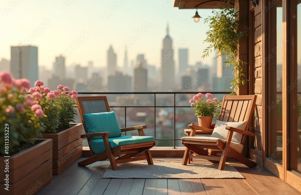 Obraz premium Two wooden chairs on a balcony overlook cityscape at sunset. Potted pink flowers add color to the outdoor seating area, suggesting peaceful relaxation with urban views. A quiet, sunny spot.