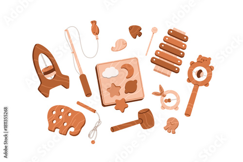 Wooden toys set. Montessori playthings for baby, infant game. Wood animal figures, puzzle board, xylophone, rattle for nursery kids and children. Flat vector illustration isolated on white background