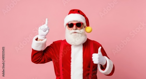Cool santa claus in sunglasses gives thumbs up and points up