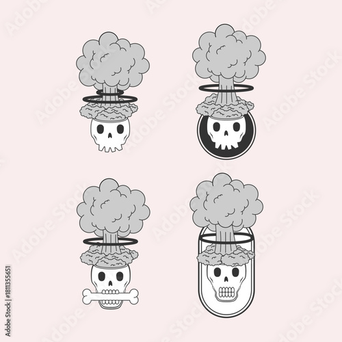 illustration of a skull with a mushroom cloud erupting from its head, symbolizing explosive thoughts or intense imagination. EPS 10.