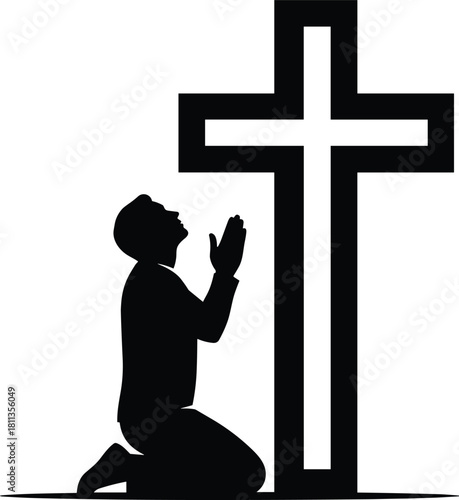 Black silhouette of a faithful man kneeling and praying in front of a large Christian cross isolated on white background for religious concept vector design