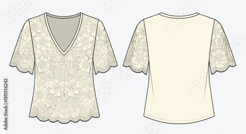 Elegant floral lace top fashion flat sketch for apparel design presentations and style guides, ready for your branding and customization today