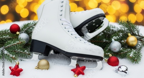 Crossed ice skates on snow with pine branches and festive ornaments