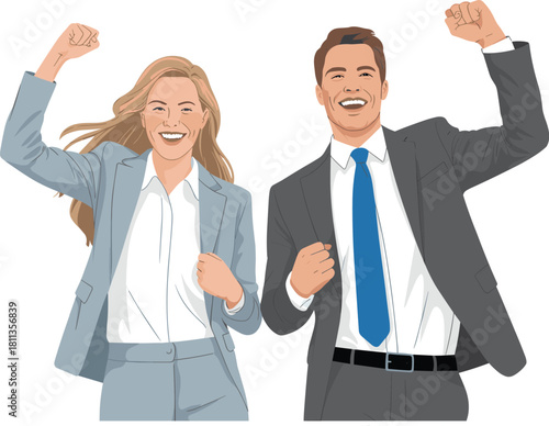 Excited Business Colleagues Cheering and Celebrating Major Corporate Victory, Raising Fists to Symbolize Achievement, Success, Enthusiasm, and Leadership in a Professional Setting.