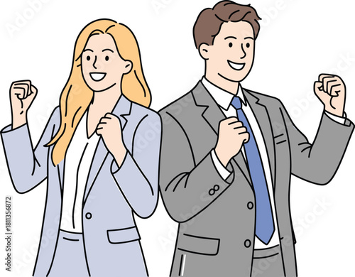 Motivated Business Man and Woman Celebrating Success with Fists Raised, Symbolizing Teamwork, Achievement, Determination, Victory, and Professional Corporate Spirit.