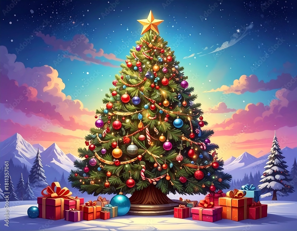 Obraz premium Animated Christmas tree surrounded by presents and snowy landscape