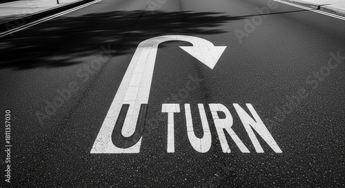 Asphalt U-Turn Road Marking With Directional Arrow Depicting Reversal in Black And White