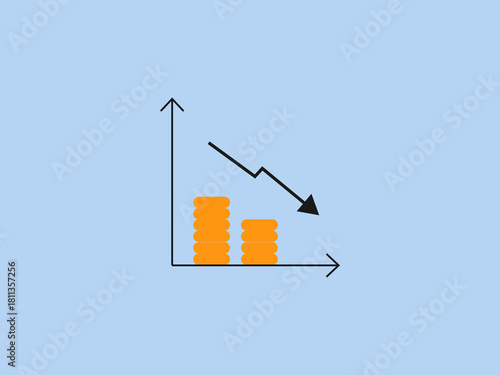A line graph showing a downward trend arrow moving across stacks of decreasing coins