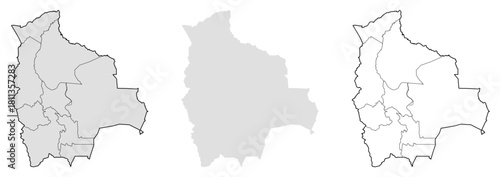 Bolivia map set outline, silhouette, and detailed regional borders. Ideal for geography, travel, education, country data, and Bolivia location projects.