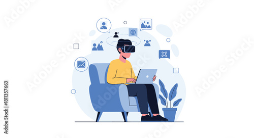Modern professional using VR headset and laptop for remote collaboration and metaverse meetings from home with virtual avatars and social connections