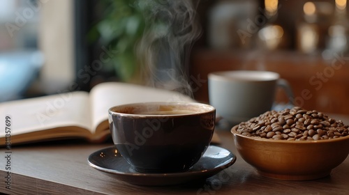 Wallpaper Mural A steaming cup of coffee with beans and an open book on a wooden table Torontodigital.ca