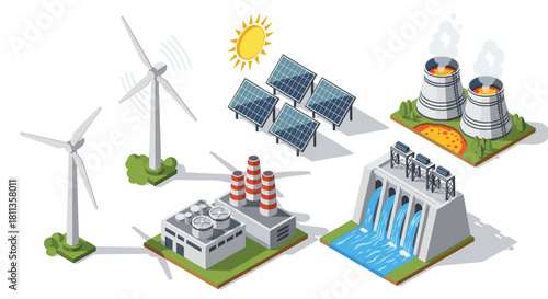 Sustainable future with wind turbines, solar panels, hydroelectric dam, and geothermal plant powering the world with clean energy sources