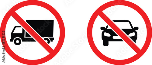 Two red prohibition traffic signs showing no trucks and no cars allowed isolated on white background for road safety and transportation rules vector art design