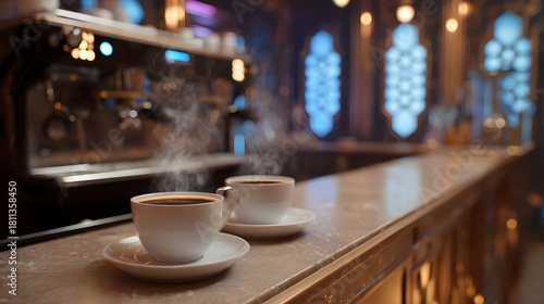 Fototapeta Naklejka Na Ścianę i Meble -  Two steaming cups of hot coffee on a modern cafe counter