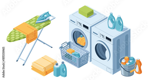 Modern laundry room setup with washing machines and organized supplies for a fresh and clean home, promising efficiency and comfort