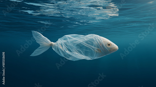 Plastic bag shaped like fish floating underwater, highlighting ocean pollution and environmental impact, with surreal and thought provoking mood