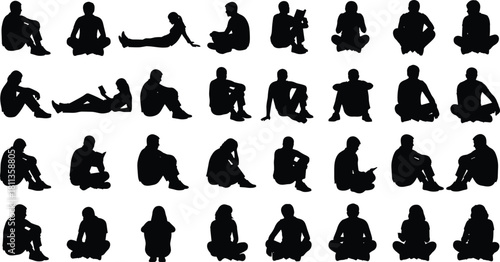 Big set of sitting people silhouettes vector on white background relaxing reading and resting in various poses