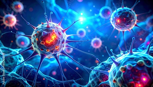 Abstract 3D rendering of glowing microscopic pathogens in vibrant blue scientific background