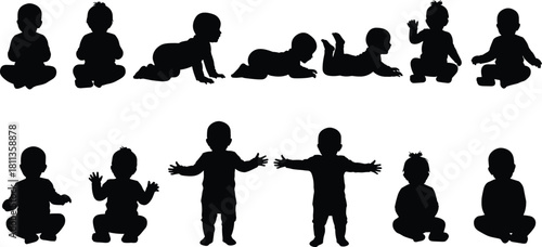 Black baby silhouette set showing infant poses, crawling, sitting, standing, lying down, posture icons for child development illustrations