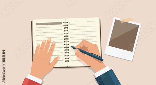 Inspiring workspace scene featuring hands writing in a notebook with a pen next to a blank photo, perfect for creative planning concepts