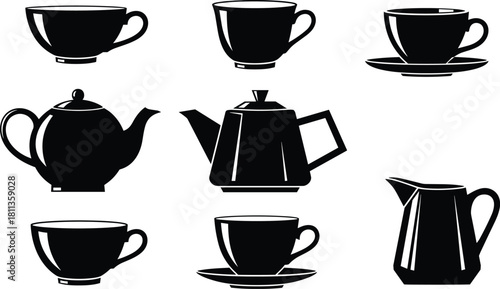 Vector collection of black tea cups and teapots silhouettes, kitchen ceramic icons for cafe menu design, breakfast drink symbols, isolated white background illustration set