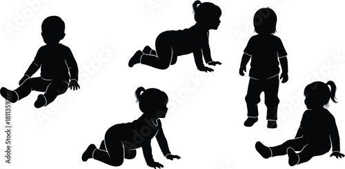 Cute baby silhouette set featuring toddlers crawling sitting and standing for childhood design vector illustrationPrint