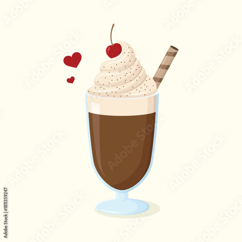Chocolate milkshake with whipped cream sprinkled with cinnamon, a wafer roll and a cherry. Dessert drink in a glass vector illustration. 