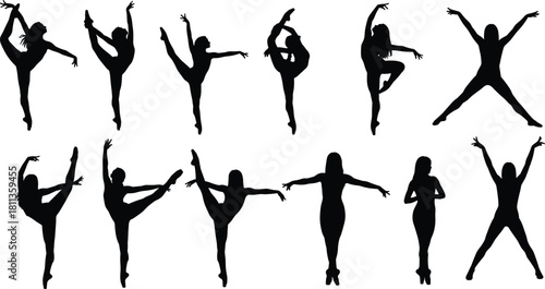 Flexible female gymnast silhouettes vector collection performing rhythmic gymnastics and ballet dance moves for sports competition design.