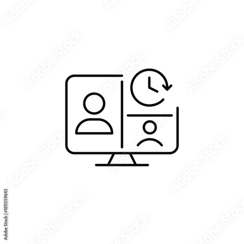 Video call on computer monitor, conference meeting and clock. Scheduled duration. Pixel perfect, editable stroke vector icon