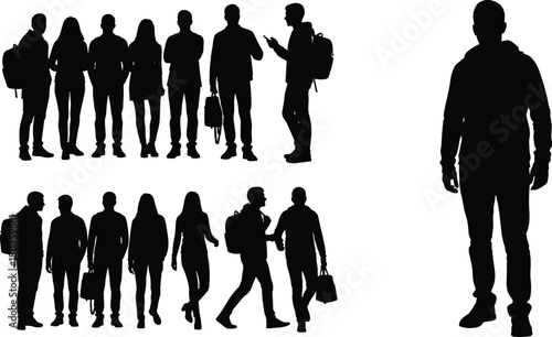 Group of young student silhouettes with backpacks standing and walking isolated on white background vector illustration