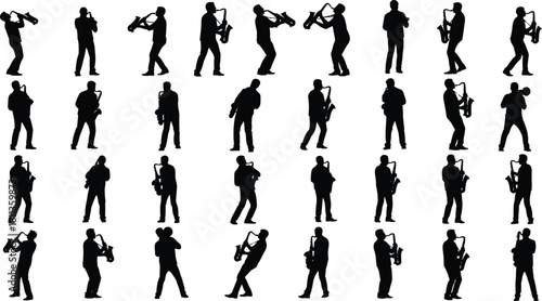 Saxophone player silhouette set featuring male musicians performing jazz and blues music in various poses vector collection