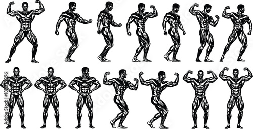 Muscular male bodybuilder silhouette set vector illustration featuring various posing angles for gym sport and workout fitness logo design.