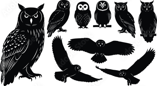 Set of owl silhouettes vector illustration collection featuring flying and perched birds for Halloween decoration and logo design.