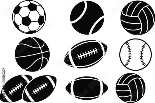 Vector collection of various sport balls icons, including soccer, basketball, volleyball, baseball, tennis and american football, black silhouette equipment set for team game design