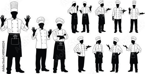 Set of professional chef silhouettes wearing traditional uniforms and hats in various standing and serving poses for culinary design.