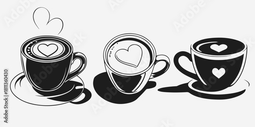 cup of coffee top view with heart sketch illustration vector set