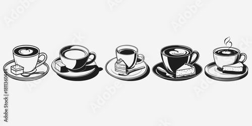 cup of coffee with cake piece sketch illustration vector set